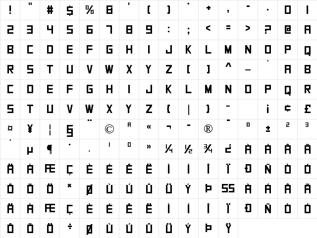 SquareFont Regular  glyph index