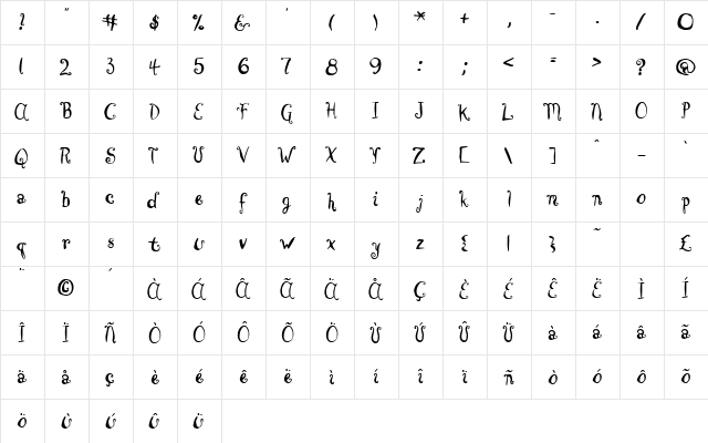 BrownCow Regular  glyph index