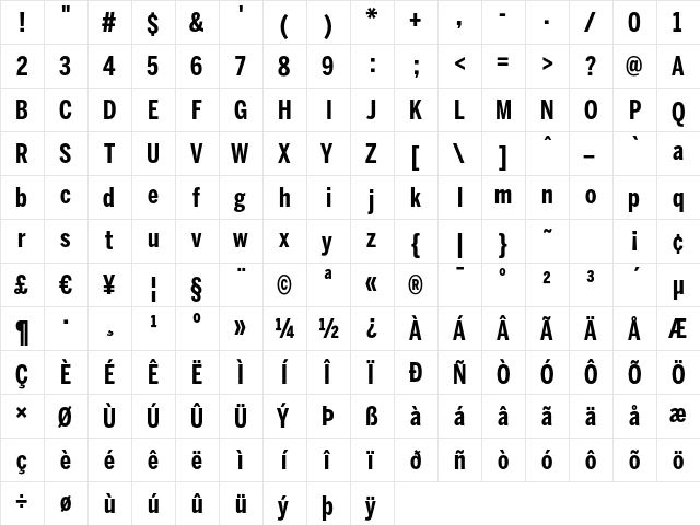 BentonSans Comp Bold Regular  glyph index