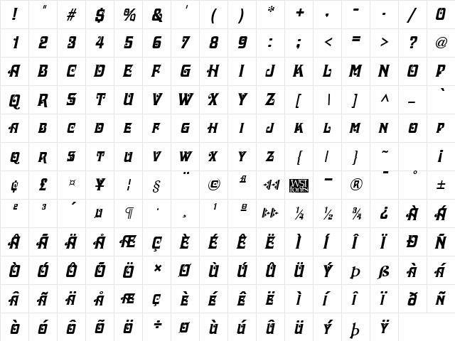 Dascha Italic  glyph index