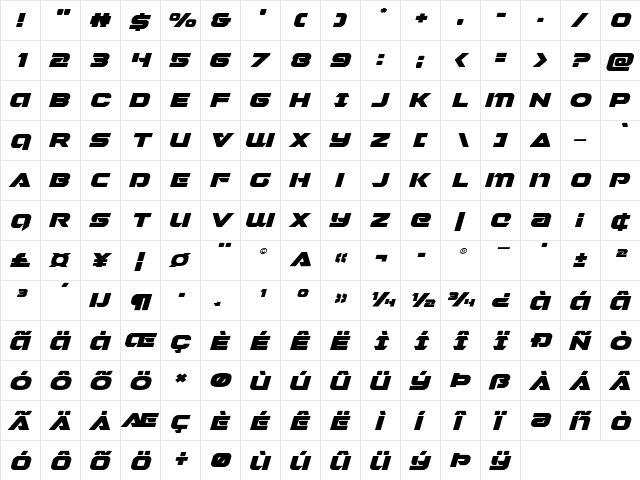 Jeebra Expanded Italic Expanded Italic  glyph index