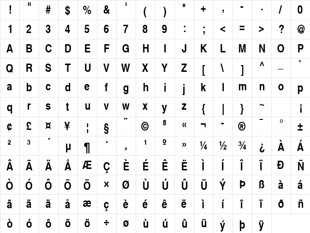 Helvetica Narrow Bold  glyph index