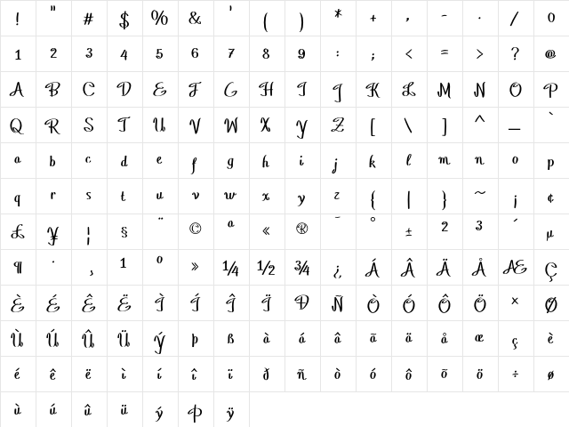 Daiquiri Bold  glyph index