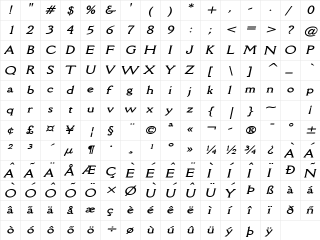 Rory Wide BoldItalic  glyph index