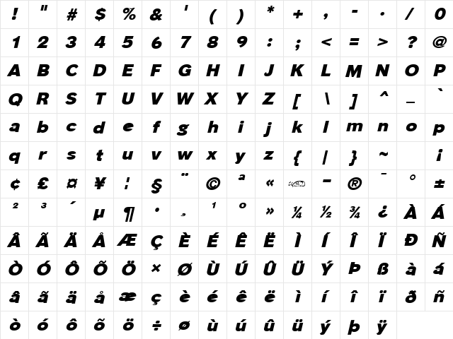 Phinster Heavy Italic  glyph index