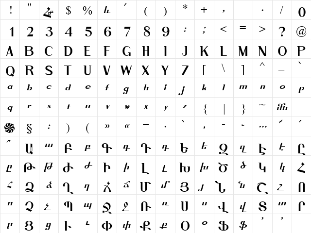ArTarumianGrqiNor Regular  glyph index