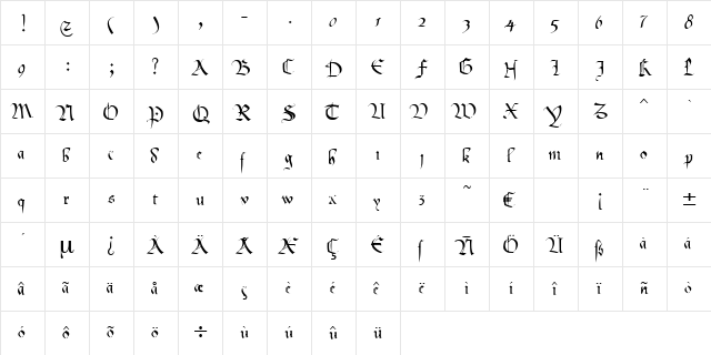 Pompadour Regular  glyph index