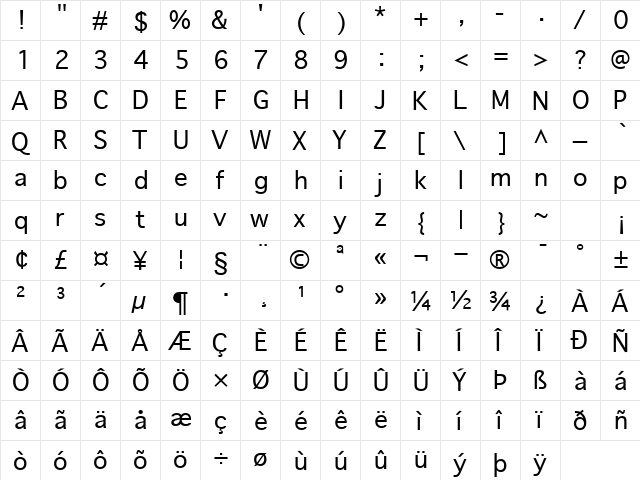 Geneva Regular  glyph index