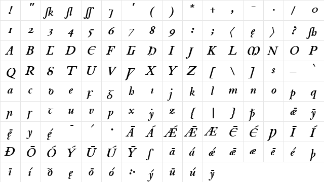 Junius BoldItalic  glyph index