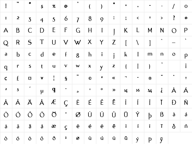 Tonic Bold  glyph index