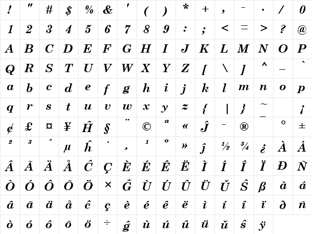 Century Schoolbook Eo Bold Italic  glyph index