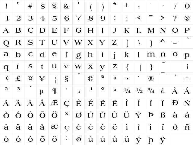 AmericanaT Bold  glyph index