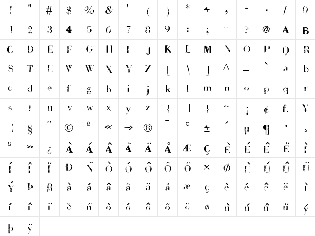 BadDeni Regular  glyph index