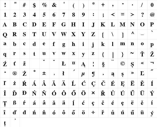 Times CE Bold  glyph index