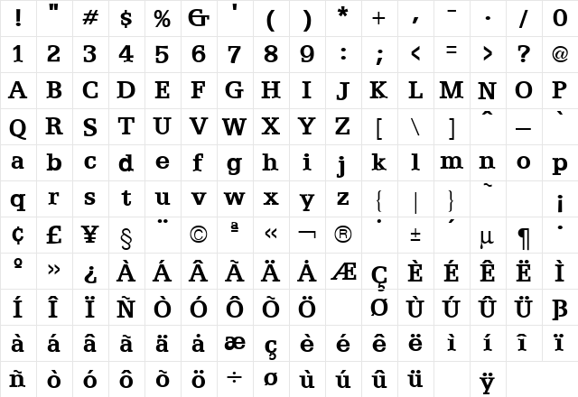 Egyptian Bold  glyph index