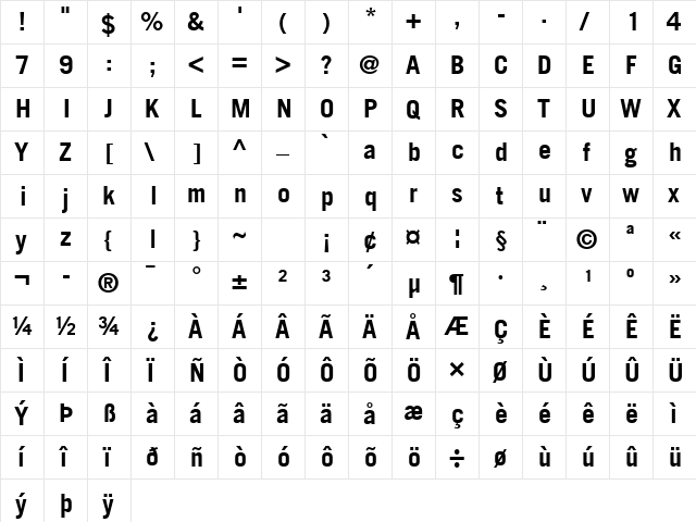 Trade Gothic LT Com Bold  glyph index