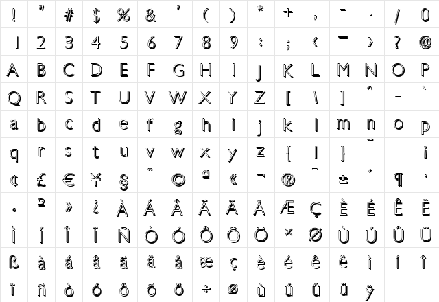 DavidBeckerShadow-Xlight Regular  glyph index