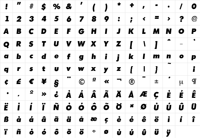 MontrealSerial-Heavy Italic  glyph index