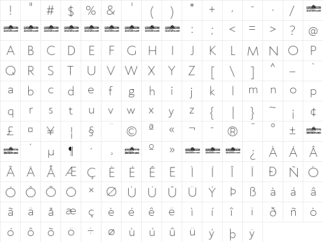 Klein Trial Extralight  glyph index