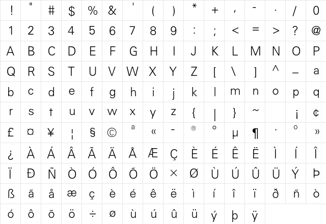 Gen Light  glyph index