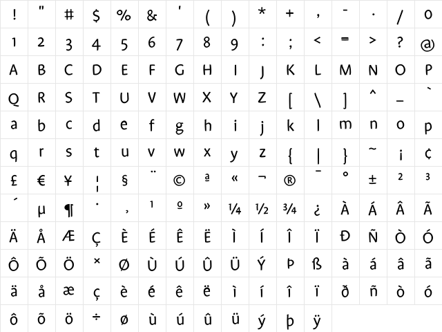 Freestyle Regular  glyph index