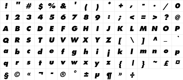 AGFatumExtraBoldC Italic  glyph index