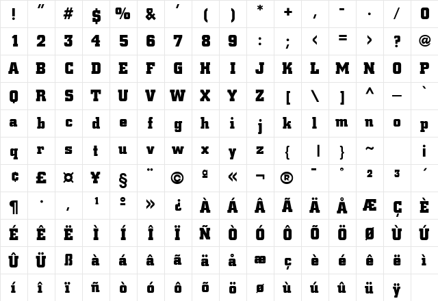 Commerce SF Bold  glyph index