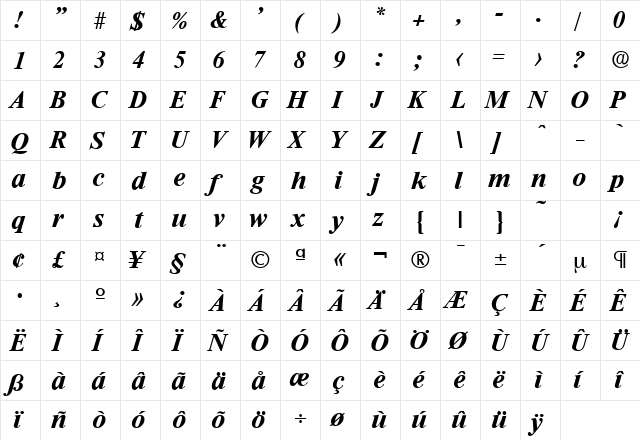 Riccione-Serial BoldItalic  glyph index