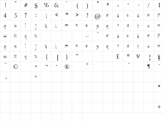 opum Regular  glyph index