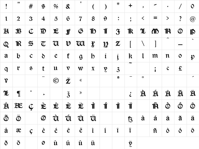Tudor Text Regular  glyph index