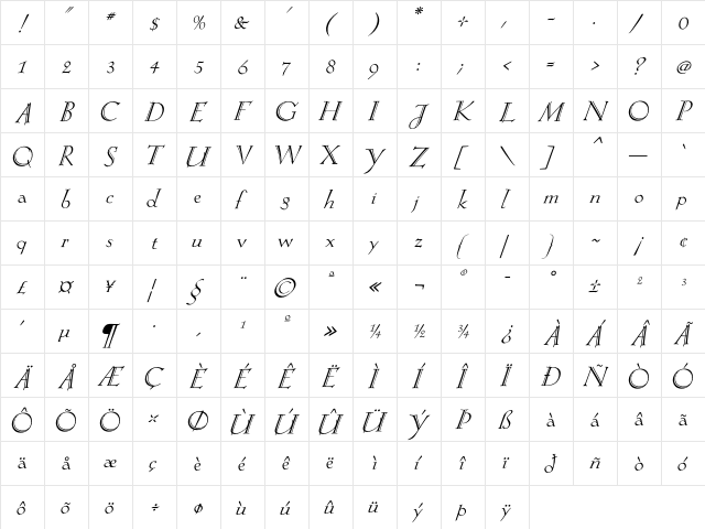Eva AntiquaLtItSG  glyph index