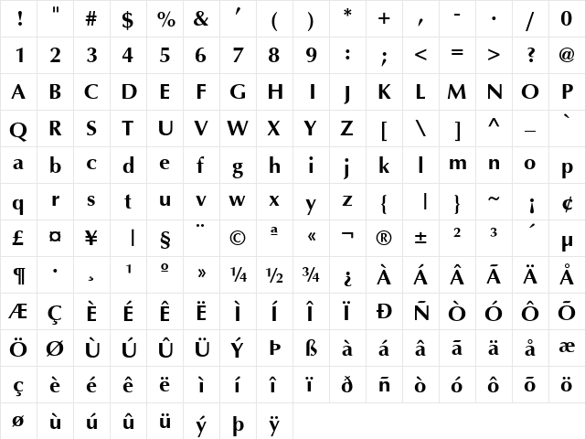 Ottawa Bold  glyph index