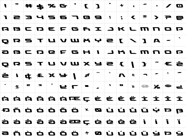 Drive Leftalic Italic  glyph index