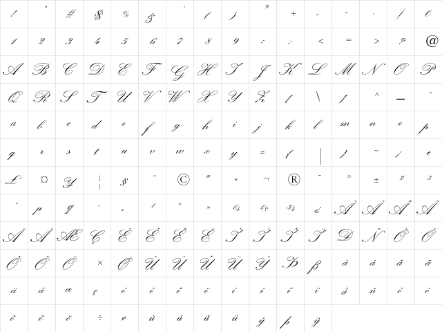 Kuenstler Script Bold  glyph index