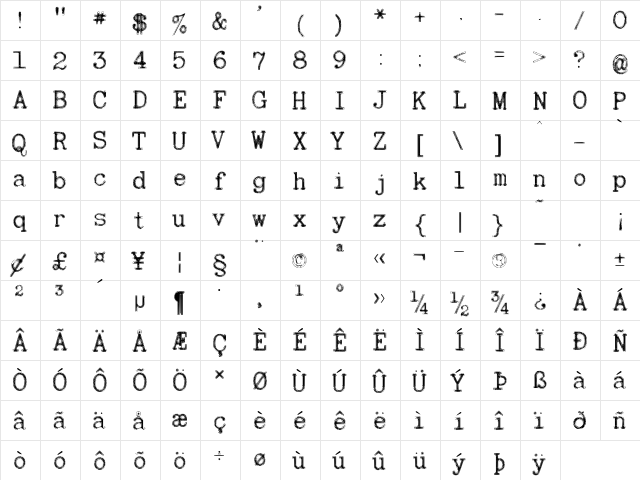 Typewritten Becker Normal  glyph index