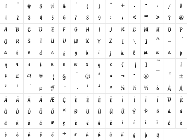 Brody20 Becker Regular  glyph index