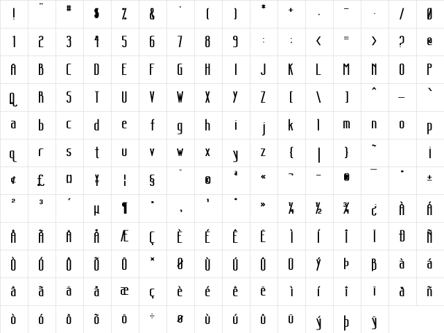 Sanity Bold  glyph index