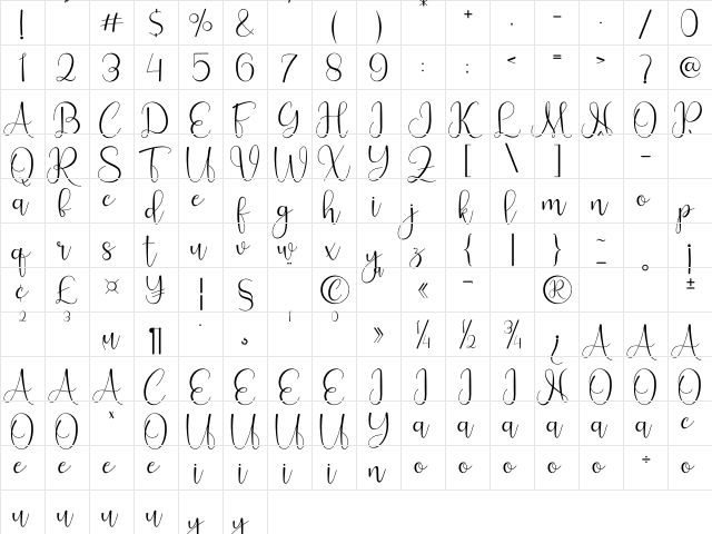 Hello Sheila Regular  glyph index