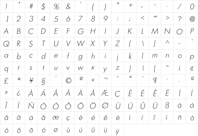 Ilimerick Xlight  glyph index