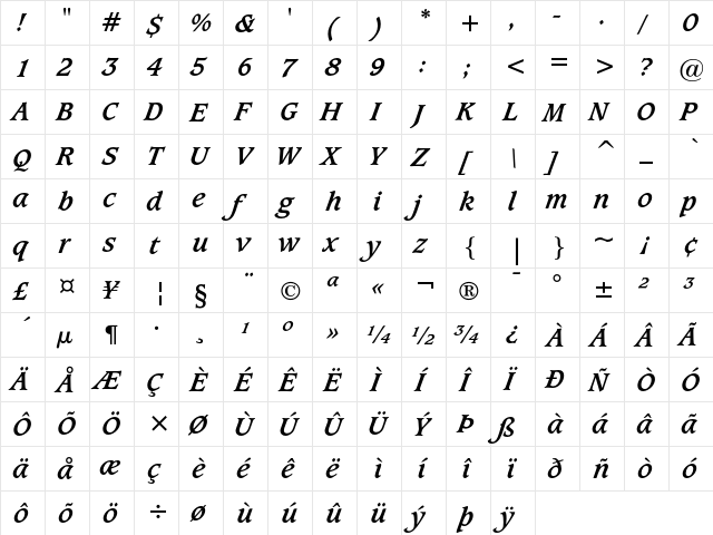 Caxton Bold Italic  glyph index
