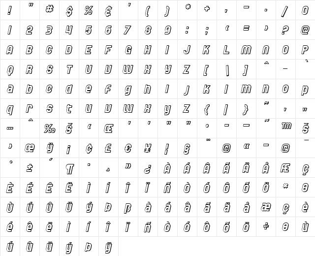 SF Speedwaystar Shaded Oblique  glyph index