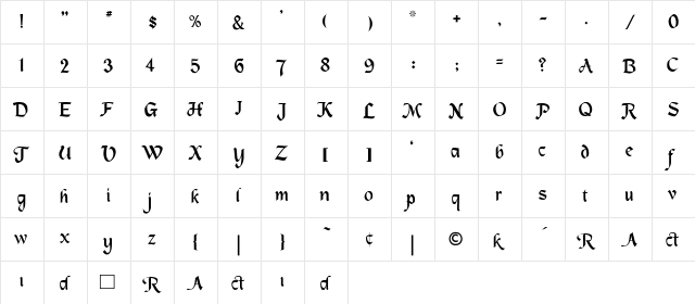 MacHumaine-Light Regular  glyph index
