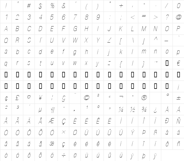 HelveticaNeue LT 27 UltLtCnObl Regular  glyph index