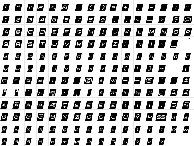 PunchLabelExtended Italic  glyph index