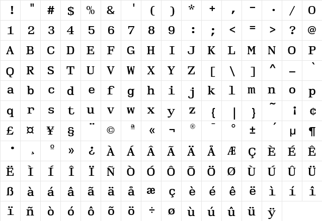 MonantiEF-SemiBold Regular  glyph index