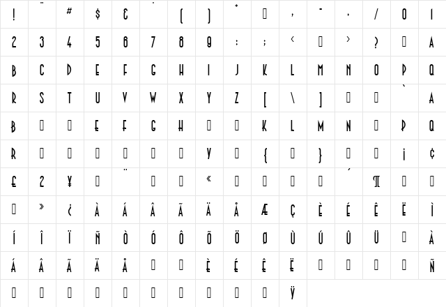 Paleface Regular  glyph index