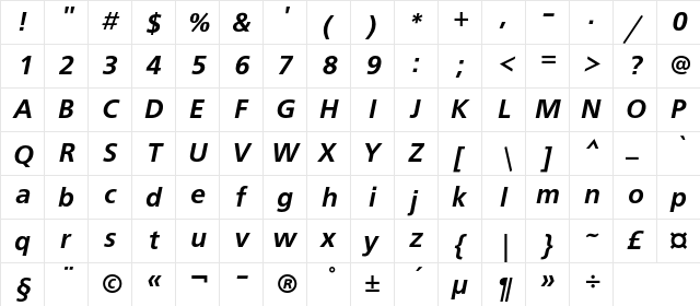 FreeSetDemiC Italic  glyph index