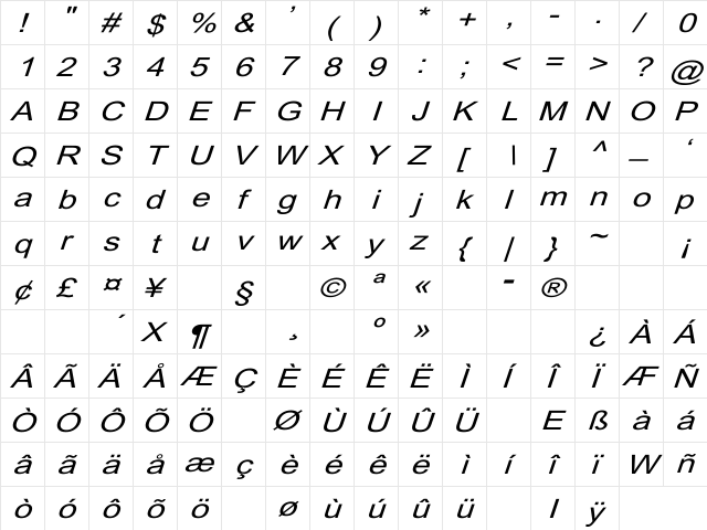 Dixon Wd Italic Italic  glyph index