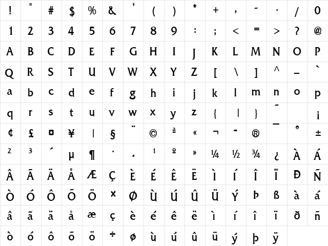 Franco-Condensed Bold  glyph index