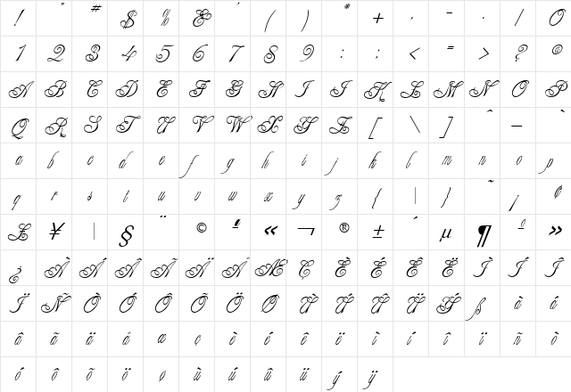 Alexei Copperplate Regular  glyph index